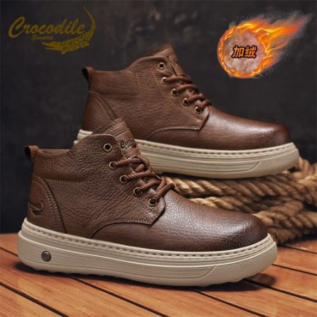 鳄鱼恤马丁靴男冬季加绒棉鞋中帮英伦风皮靴耐磨防滑防寒真皮男靴