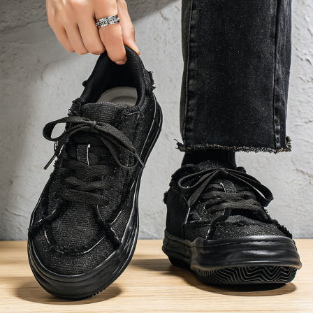 黑色帆布鞋亮面时尚潮流青少年男生透气防臭百搭增高厚底大头板鞋