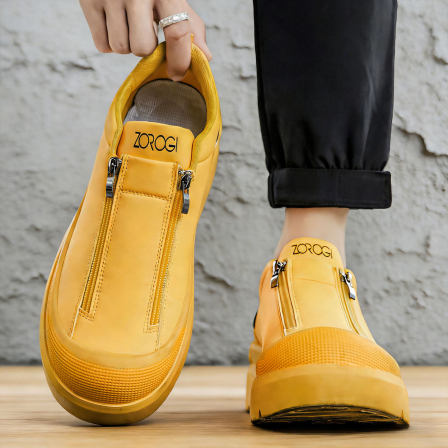 黄色鞋子男鞋不系带包头防撞工作鞋耐磨厚底男款增高一脚蹬运动鞋