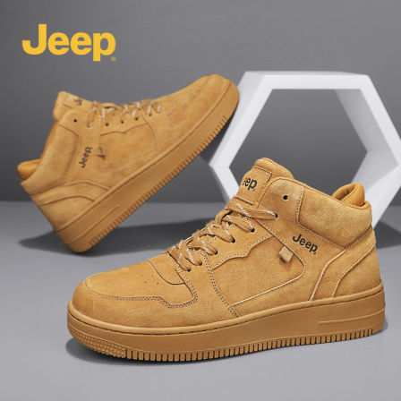 jeep吉普高帮男鞋新款冬季小麦色真皮百搭板鞋增高厚底运动休闲鞋