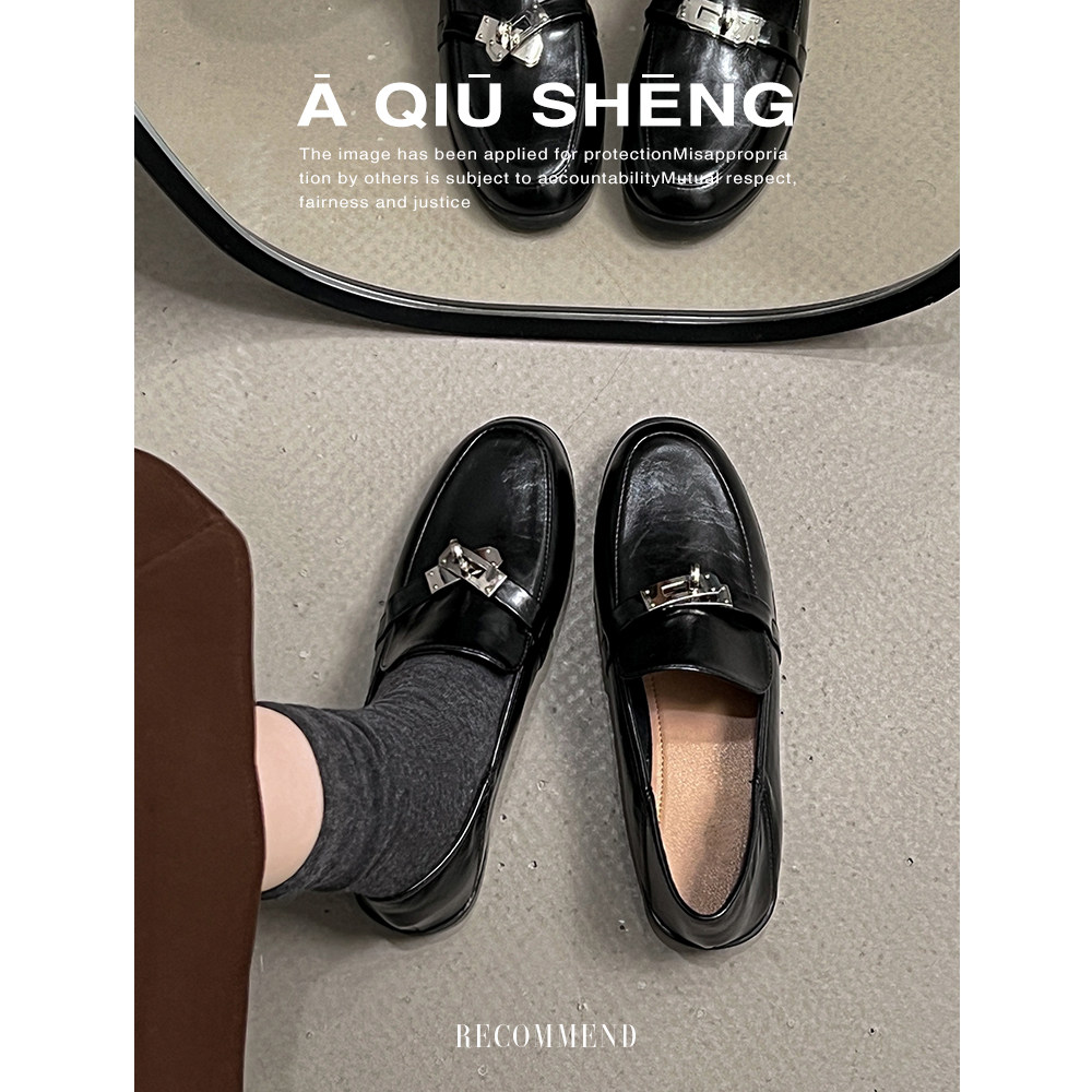 羊皮版~英伦风圆头小皮鞋女2026年新款复古锁扣乐福鞋内增高单鞋主图