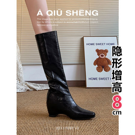 羊皮版~方头高筒靴女2025新款时装长靴小个子内增高不过膝骑士靴