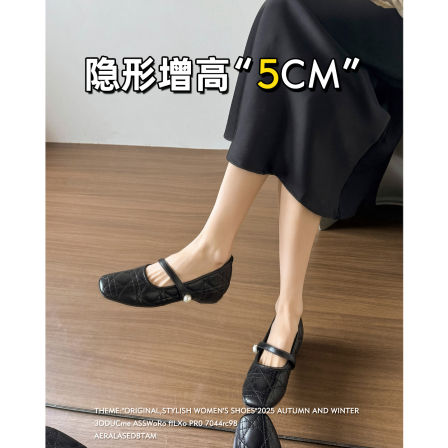 羊皮~小香风内增高单鞋女2026新款一字带浅口珍珠厚底玛丽珍女鞋