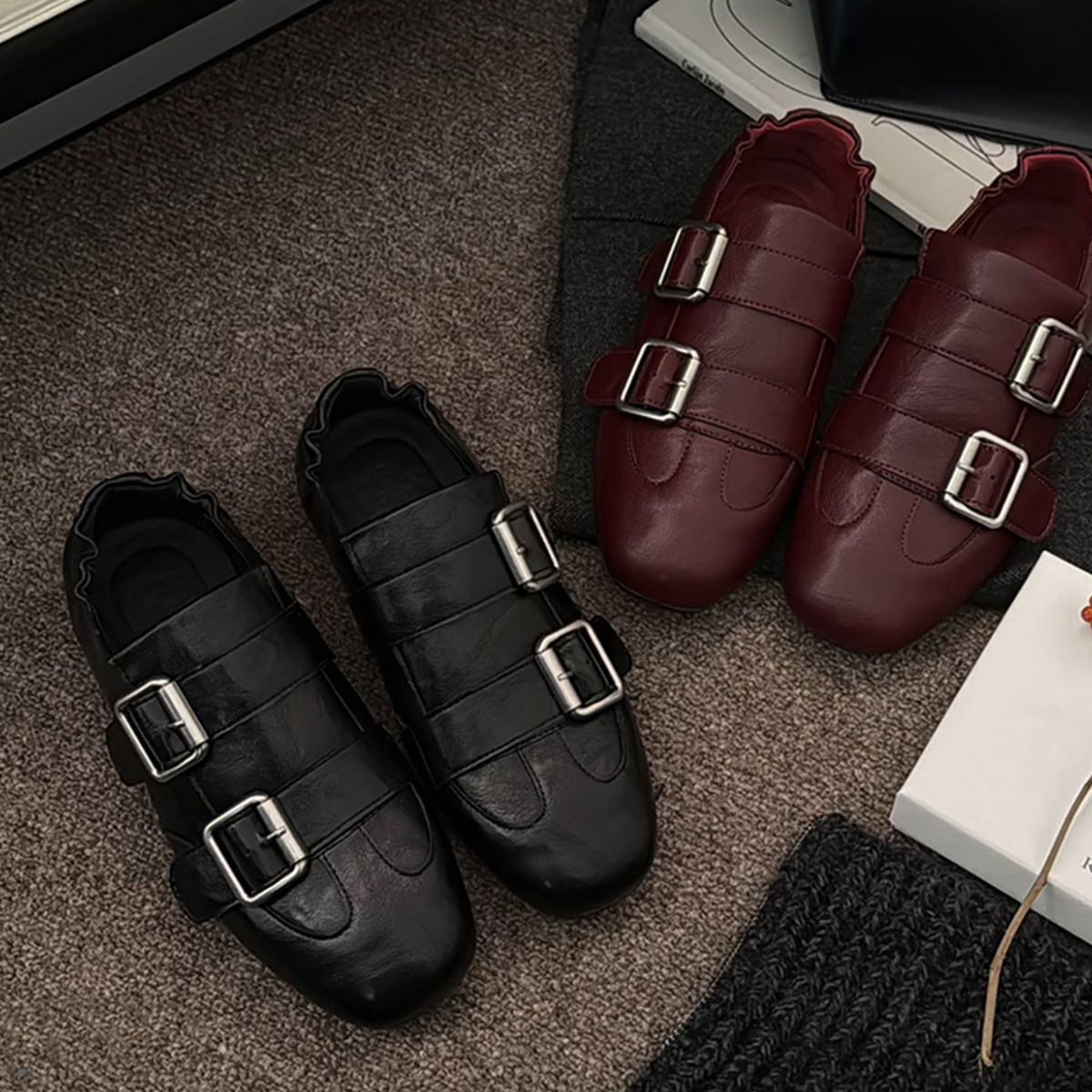 羊皮版~复古时髦小众轻便通勤深口乐福鞋女方头皮带扣平底小皮鞋主图