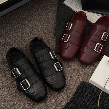 羊皮版~复古时髦小众轻便通勤深口乐福鞋女方头皮带扣平底小皮鞋