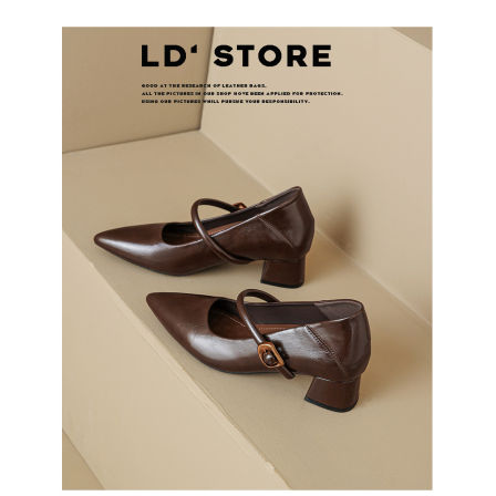 真皮~内增高法式复古粗跟玛丽珍单鞋女春季通勤一字带尖头高跟鞋