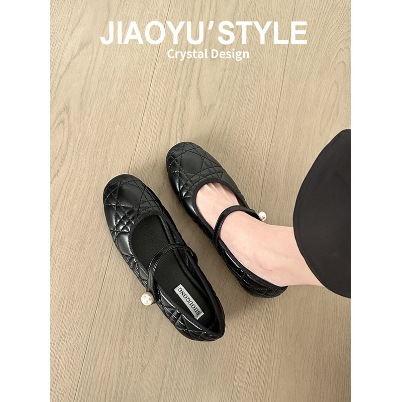 真皮~骄屿小香风黑色菱格玛丽珍鞋女2026春季新款蝴蝶结浅口单鞋主图