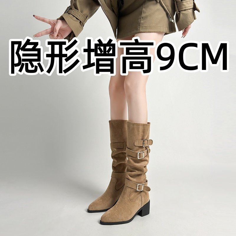 内增高9CM加绒长筒靴女2026年秋冬季新款高筒粗跟防滑复古堆堆靴主图