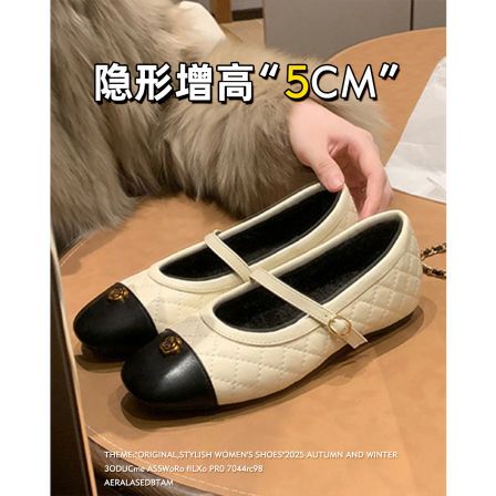 羊皮版~内增高玛丽珍鞋女2026新款春季小香风山茶花一字带单鞋