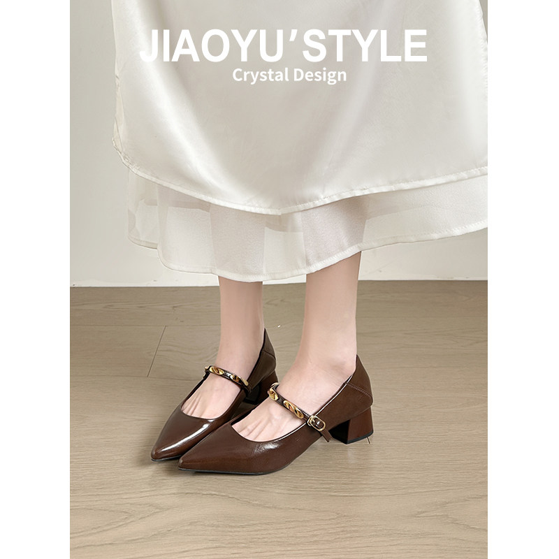真皮~骄屿法式粗跟玛丽珍高跟鞋女2026新款尖头复古浅口通勤单鞋主图