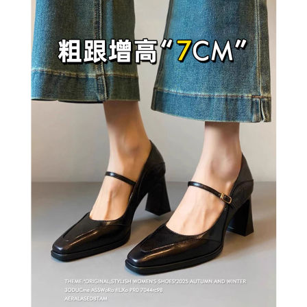 羊皮版~高级感法式高跟鞋女2026新款春季一字带粗跟玛丽珍单鞋