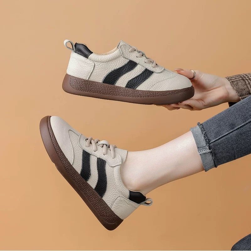 头层牛皮加绒德训鞋女新款冬季复古休闲皮鞋女士百搭棉鞋6012-1主图