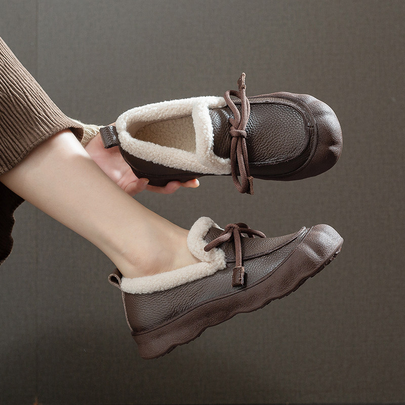 冬季头层牛皮加绒保暖休闲乐福鞋厚底毛毛棉鞋蝴蝶结复古女棉鞋主图