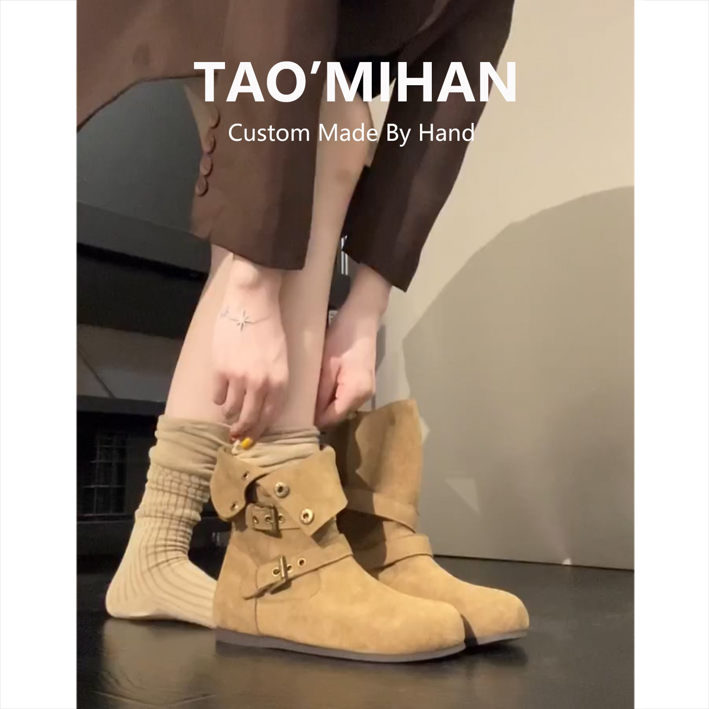 真皮短靴女2025秋冬季新款内增高小个子棕色马丁靴加绒勃肯鞋靴子主图