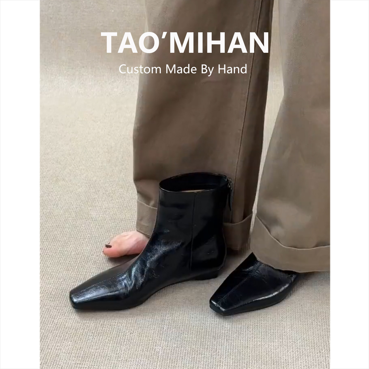 真皮方头马丁靴女2025年秋冬季新款法式平底黑色加绒瘦瘦小短靴子主图