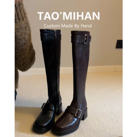 真皮不过膝高跟长筒靴女2025秋冬季新款方头高筒靴粗跟加绒骑士靴