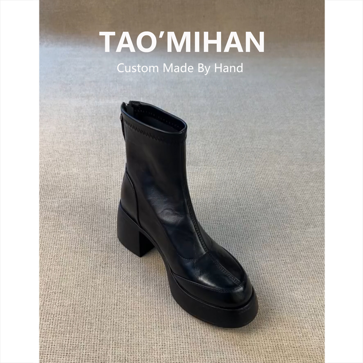 真皮粗跟厚底短靴女2025秋冬季新款小个子高跟鞋黑色加绒马丁靴子主图