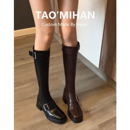 真皮不过膝骑士靴女2025秋冬季加绒新款方头高筒长靴粗跟长筒靴子