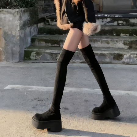 方小九~小个子厚底长筒靴女秋冬显瘦长靴过膝靴弹力瘦瘦靴高筒靴