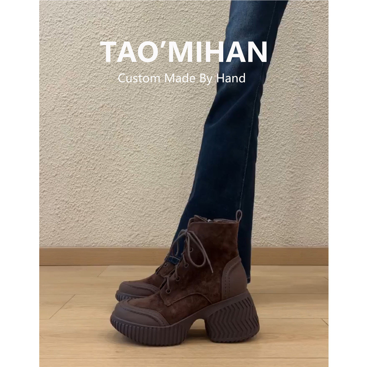 真皮~增高8cm小个子短靴女2025新款加绒高跟鞋英伦风厚底马丁靴子主图