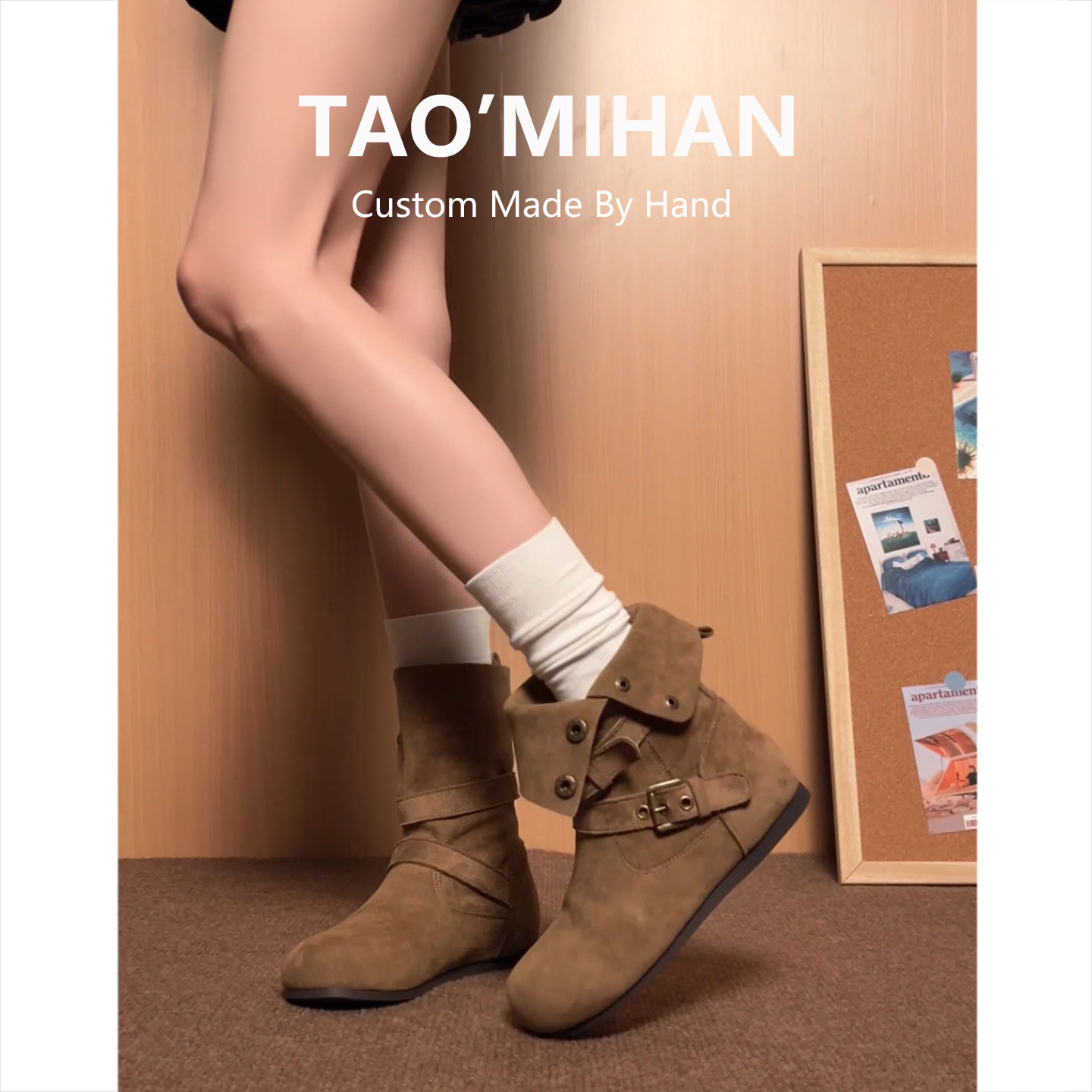 真皮版~时髦平底勃肯短靴女2025秋冬新款棕色内增高加绒堆堆靴子主图