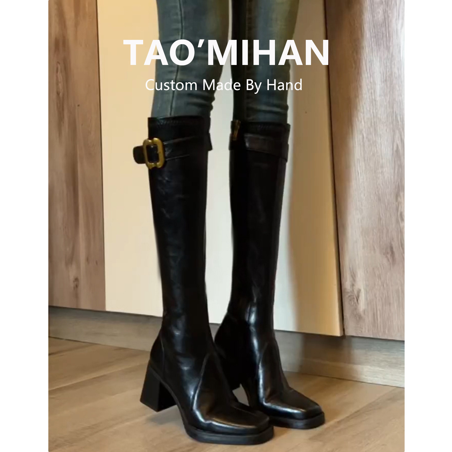 真皮巨好看黑色高跟骑士靴女2025新款高筒瘦瘦靴加绒粗跟长筒靴子主图