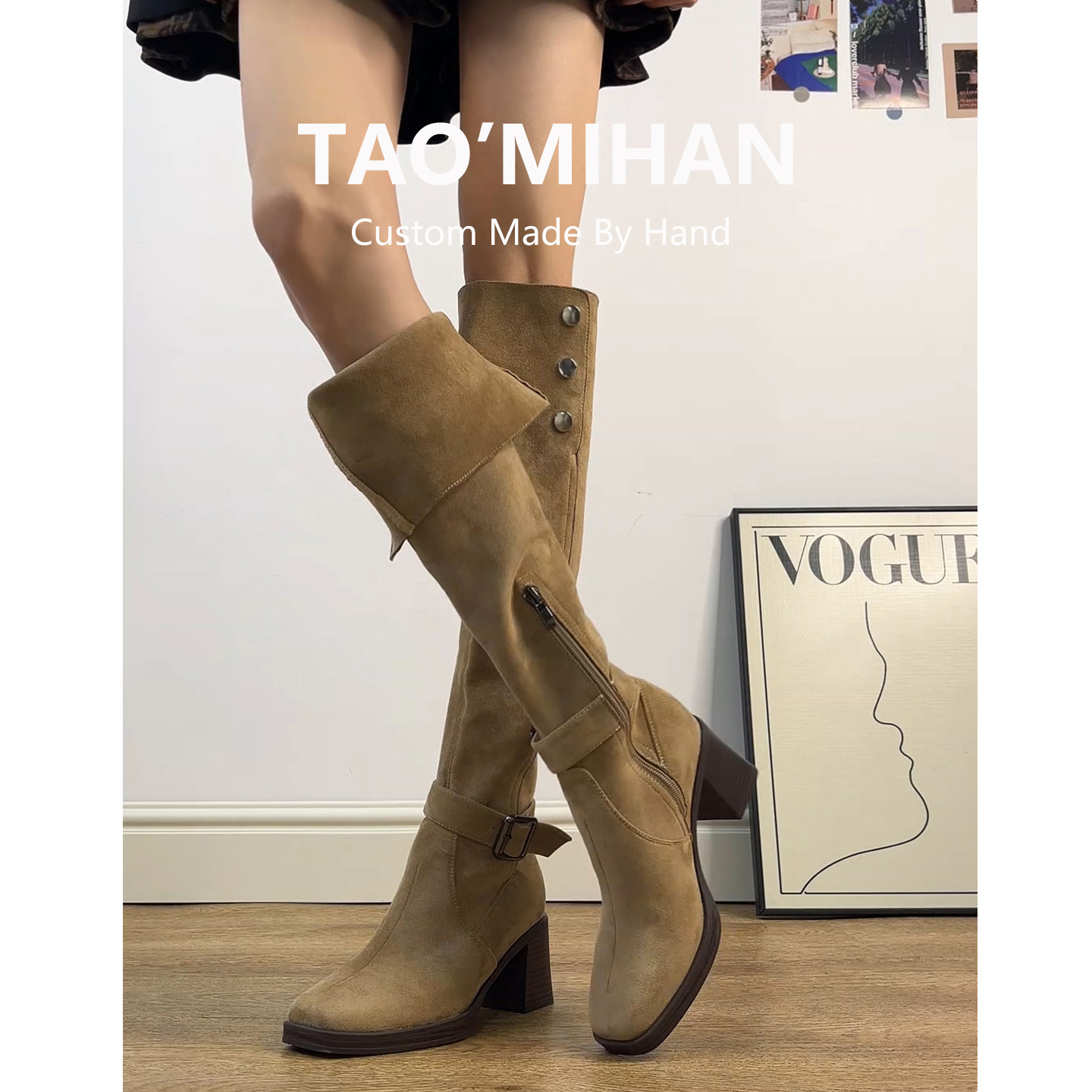 真皮粗跟高跟长筒靴女2025秋冬季新款过膝高筒瘦瘦靴圆头骑士靴子主图