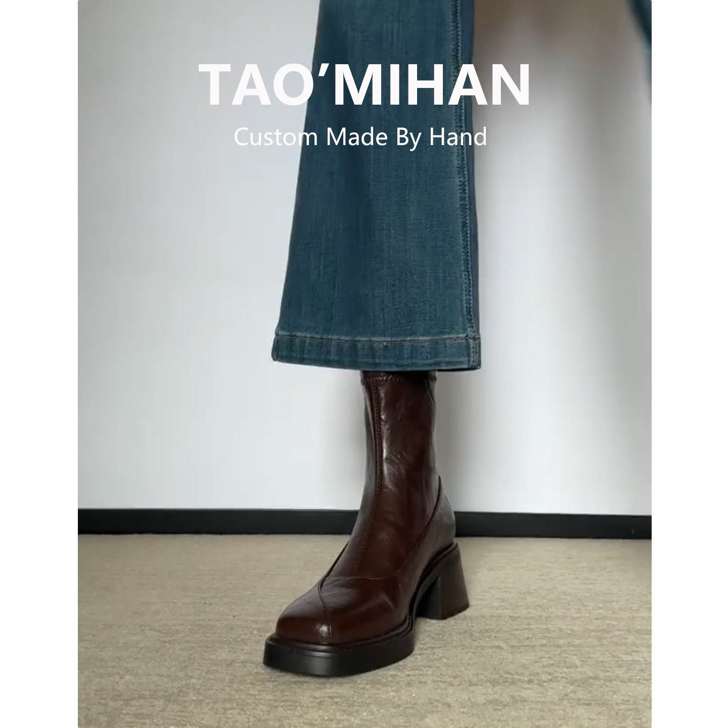 真皮法式高跟马丁靴女2025秋冬新款粗跟厚底瘦瘦靴方头加绒短靴子主图