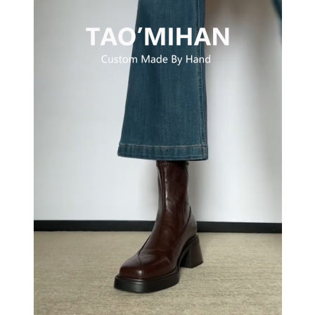 真皮法式高跟马丁靴女2025秋冬新款粗跟厚底瘦瘦靴方头加绒短靴子