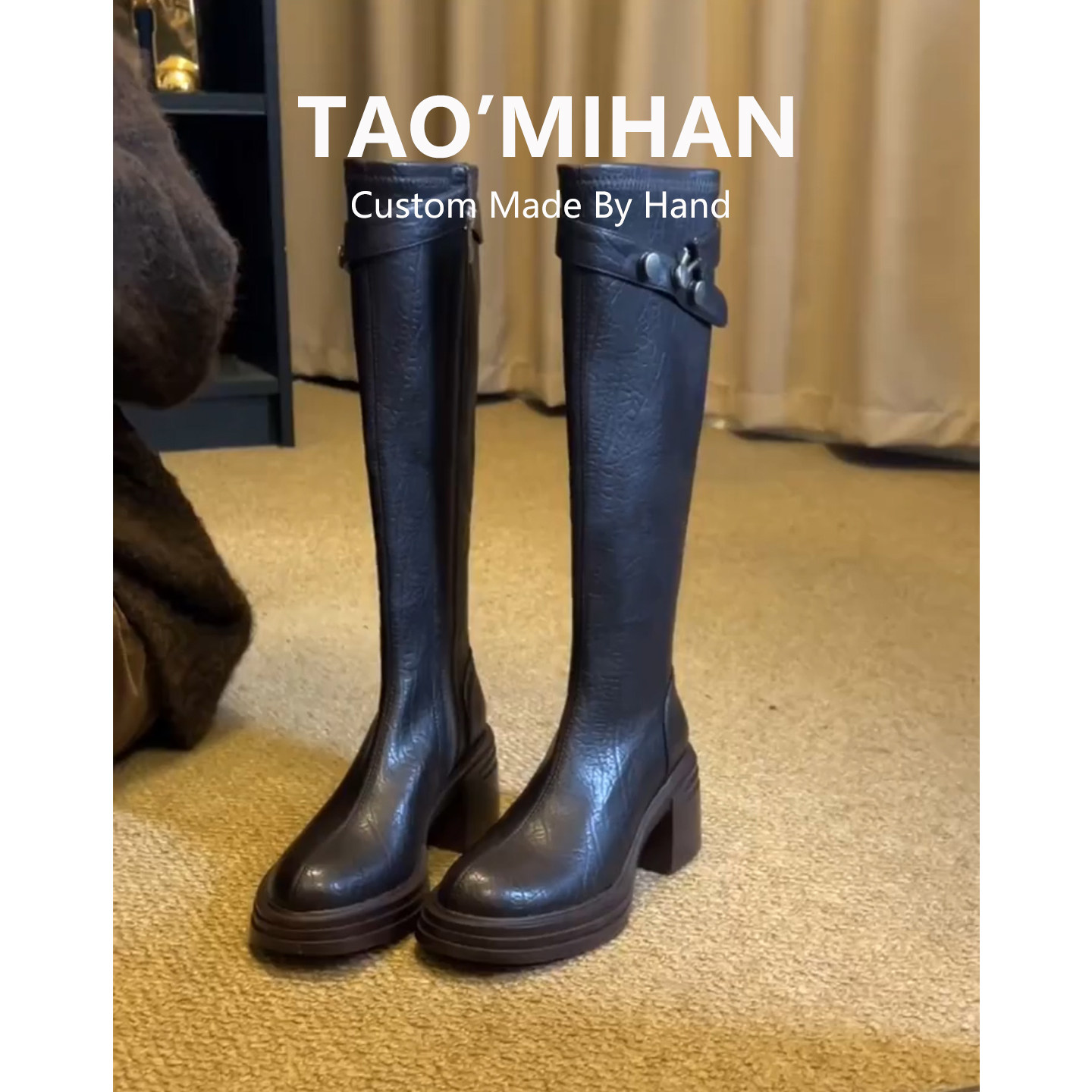 真皮小个子高跟厚底长靴女2025新款加绒长筒骑士靴粗跟高筒靴子主图