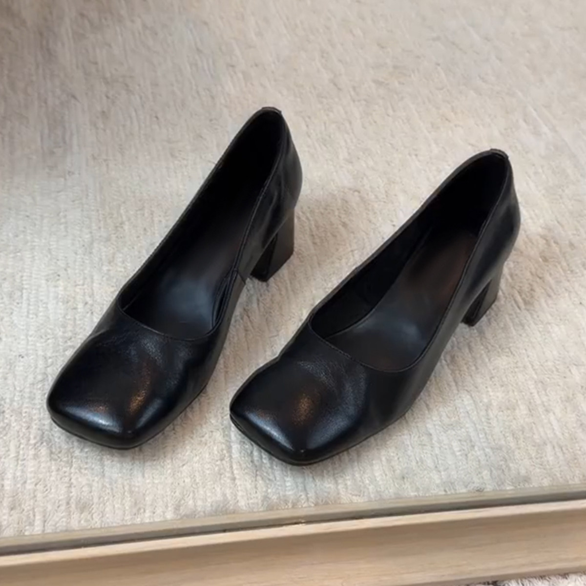 羊皮版~春季新款时尚方头浅口高跟鞋女真皮复古一脚蹬通勤工作鞋主图