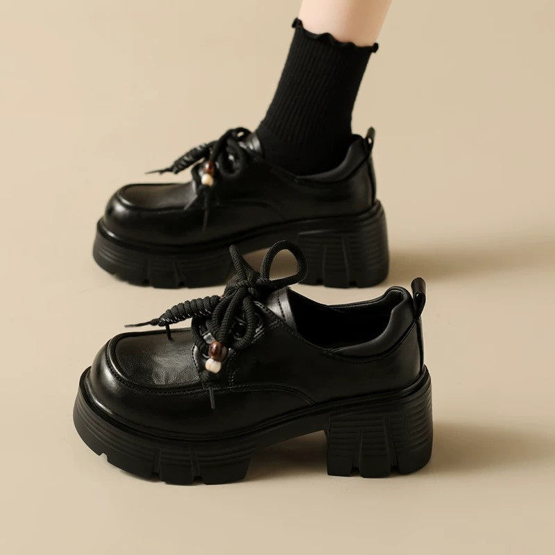 厚底爆款粗跟乐福鞋女2025年秋冬季新款百搭小个子增高加绒小皮鞋主图