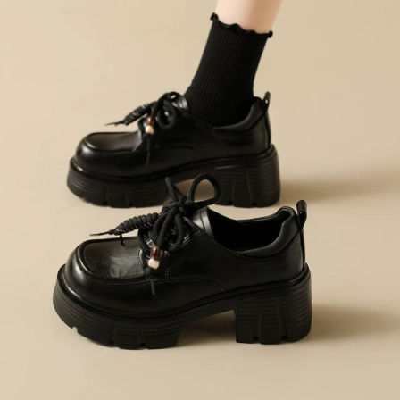 厚底爆款粗跟乐福鞋女2025年秋冬季新款百搭小个子增高加绒小皮鞋