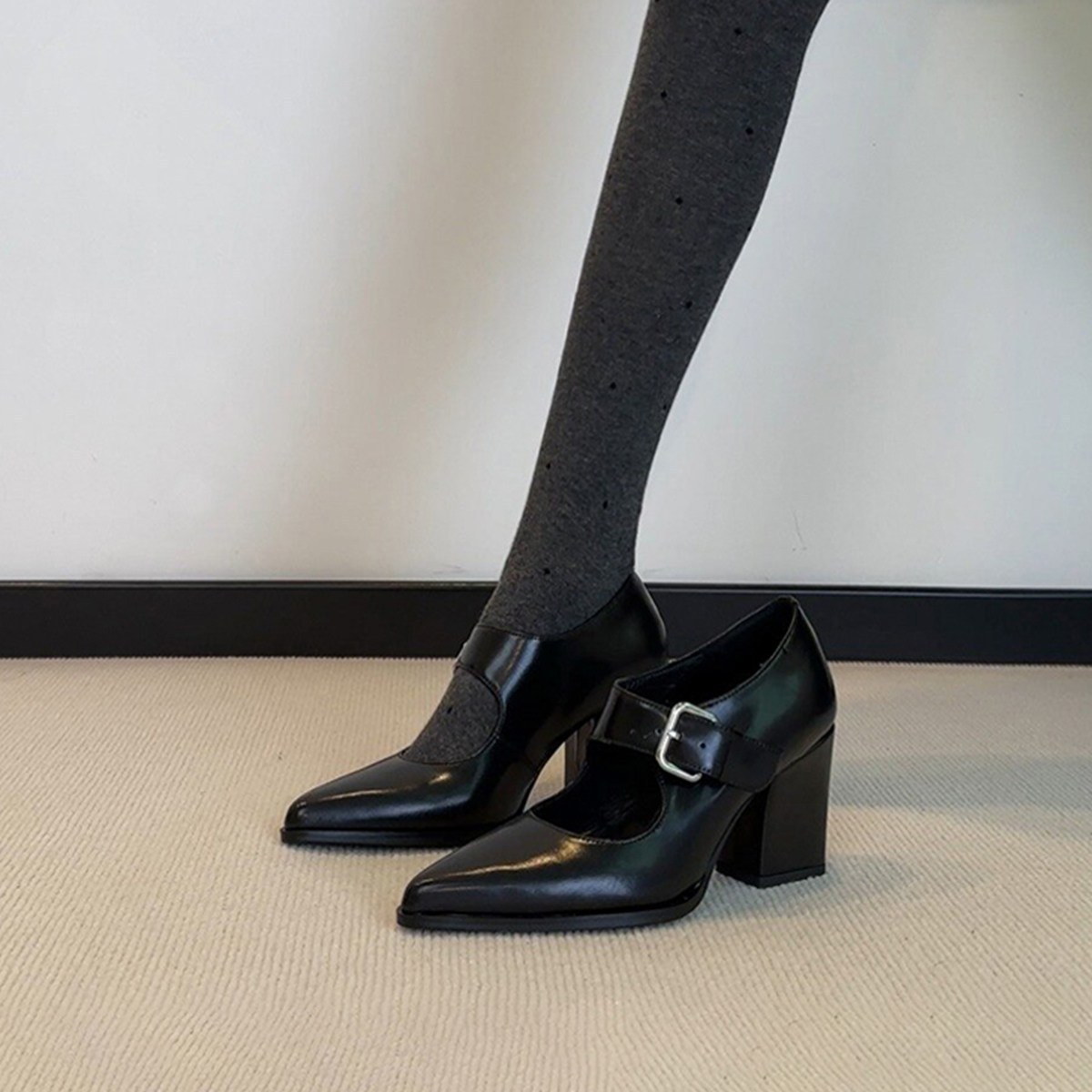 羊皮版~复古风时尚简约一字带玛丽珍鞋女通勤复古气质百搭高跟鞋主图