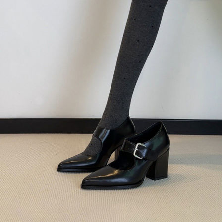 羊皮版~复古风时尚简约一字带玛丽珍鞋女通勤复古气质百搭高跟鞋