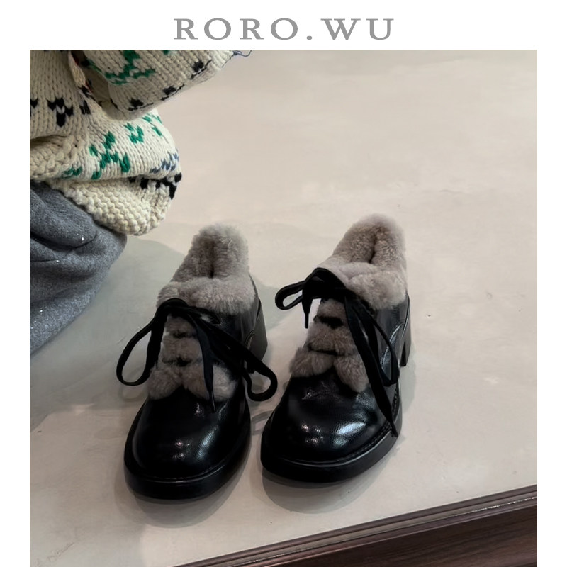 娆娆吴羊皮英伦百搭系带加绒保暖棉鞋秋冬新款毛毛小皮鞋女E64主图