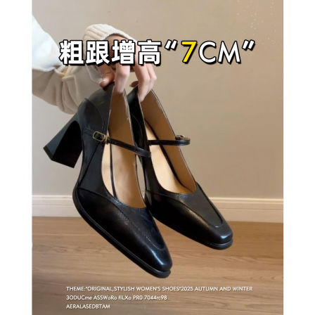 羊皮款~真皮法式单鞋女春秋高跟鞋女气质高级不累脚粗跟玛丽珍鞋