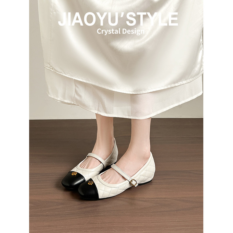 真皮~骄屿山茶花内增高玛丽珍鞋女春新款小香风菱格拼色通勤单鞋主图