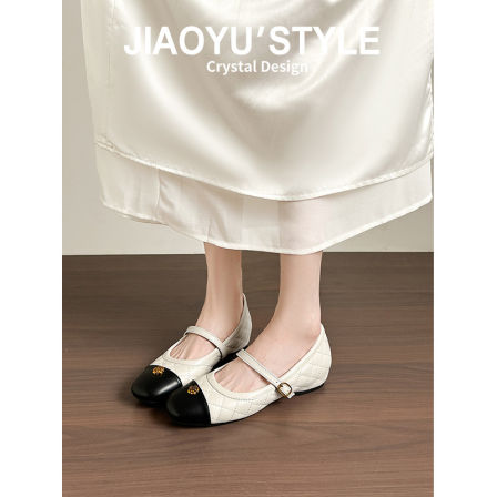 真皮~骄屿山茶花内增高玛丽珍鞋女春新款小香风菱格拼色通勤单鞋