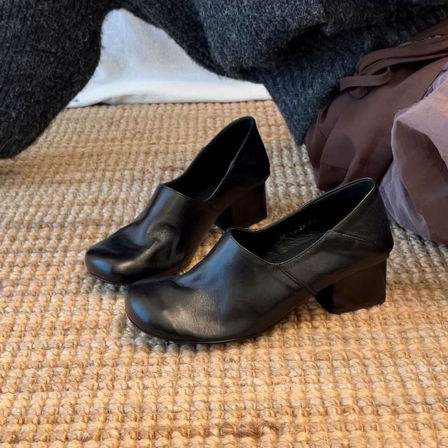 羊皮版~极简老钱风时尚感通勤乐福鞋女圆头真皮一脚蹬粗跟小皮鞋