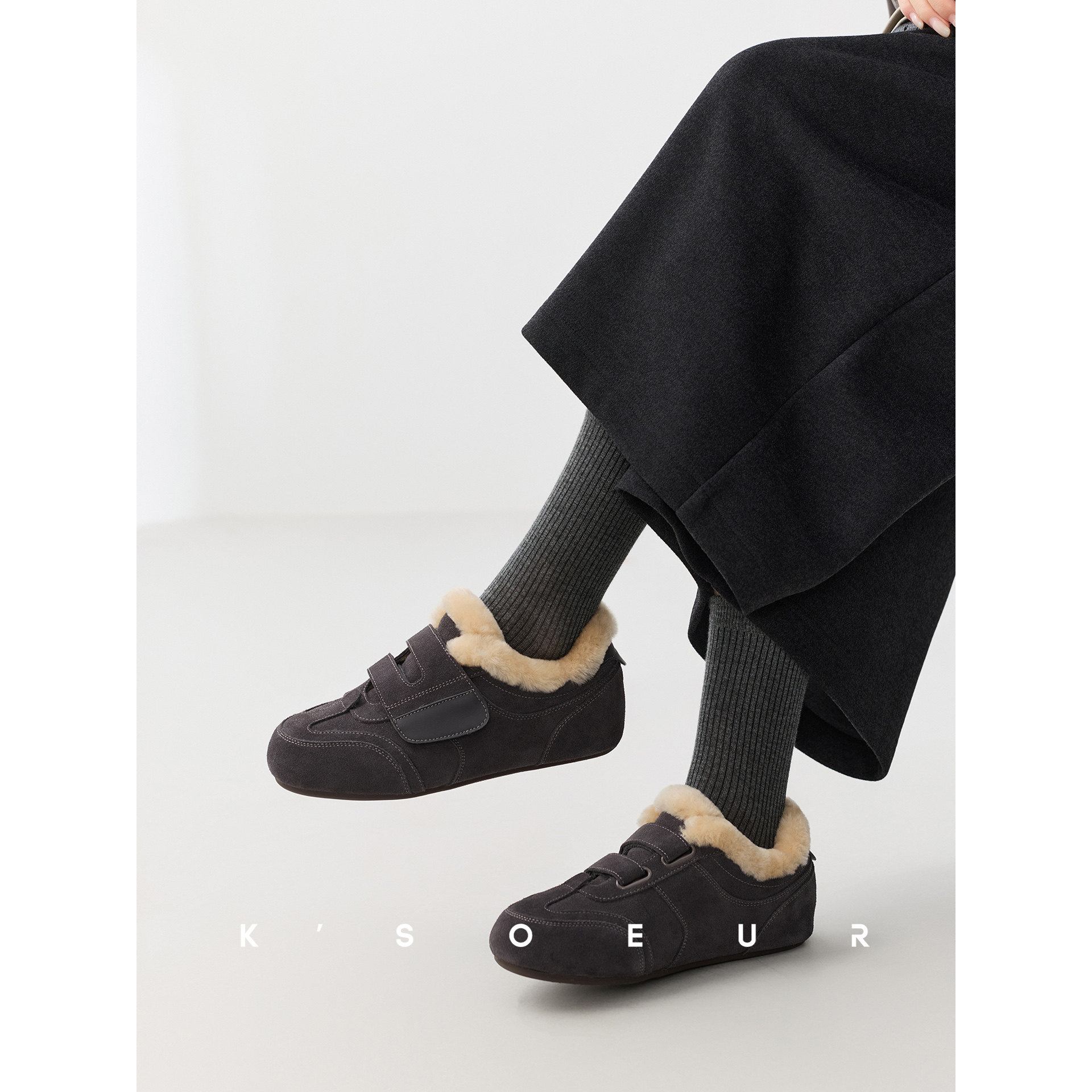 K姐 羊毛口勃肯德训鞋 内增高真皮牛反绒魔术贴毛绒绒保暖鞋子主图