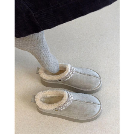 羊毛版~真皮厚底加绒保暖雪地靴女复古勃肯包头半拖鞋面包棉拖鞋