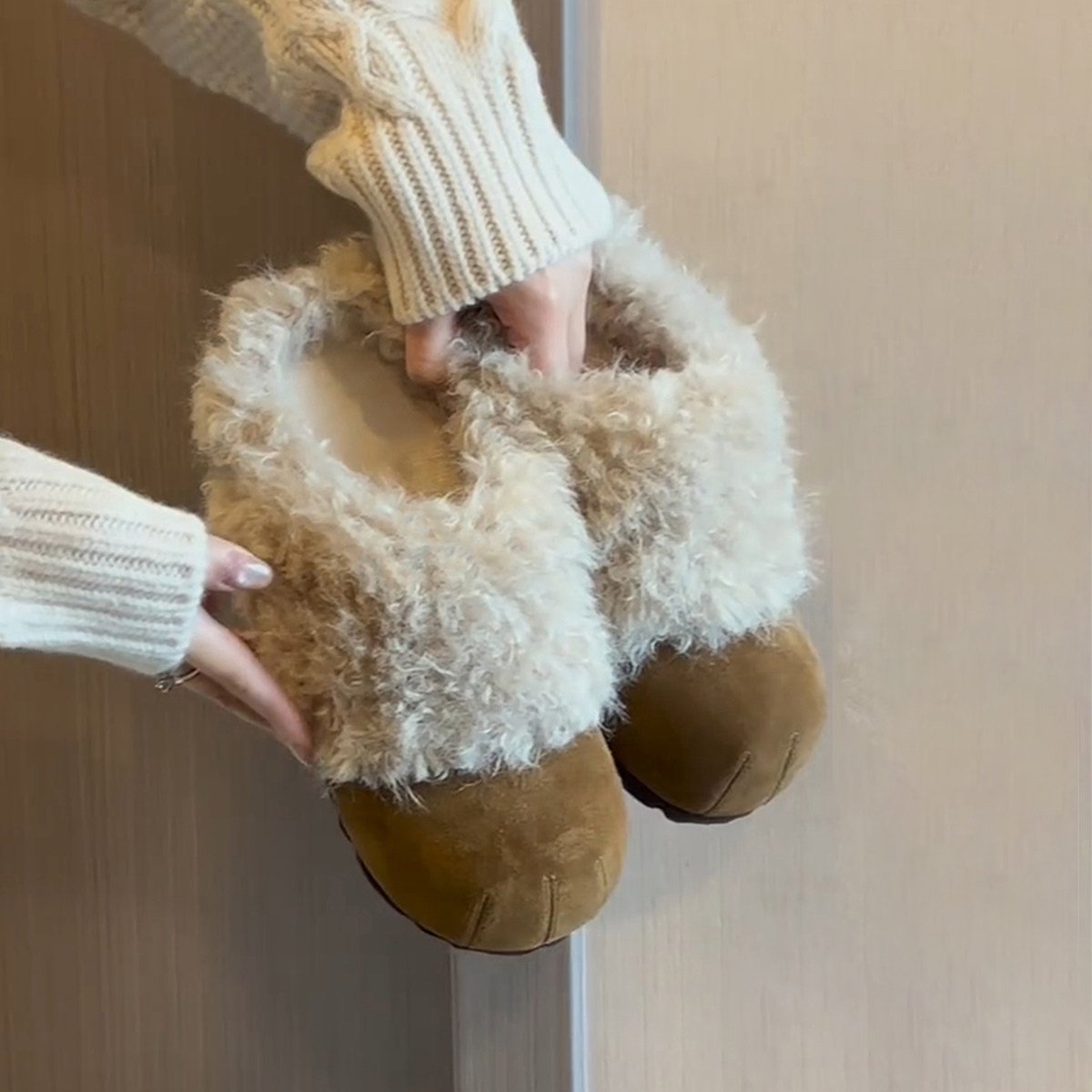 羊皮版~小众猫爪可爱勃肯鞋女一脚蹬磨砂皮厚底包头鞋加绒毛毛鞋主图