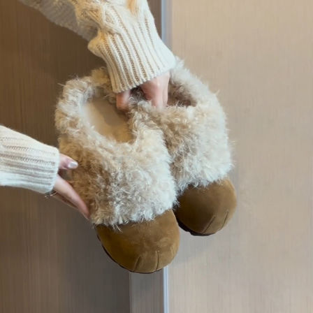 羊皮版~小众猫爪可爱勃肯鞋女一脚蹬磨砂皮厚底包头鞋加绒毛毛鞋