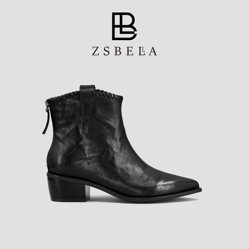 ZSBELLA赛斯贝拉尖头西部切尔西靴2025新款冬季真皮加绒粗跟短靴主图