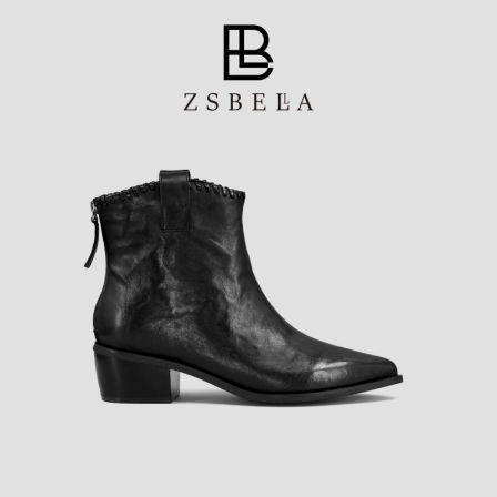 ZSBELLA赛斯贝拉尖头西部切尔西靴2025新款冬季真皮加绒粗跟短靴