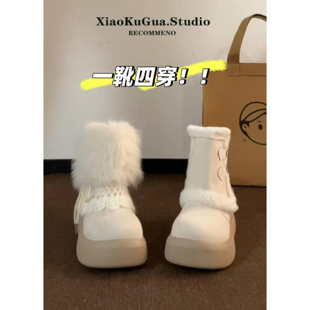 保暖多穿厚底雪地靴女款2025新款冬季外穿加绒加厚费尔岛毛毛棉鞋