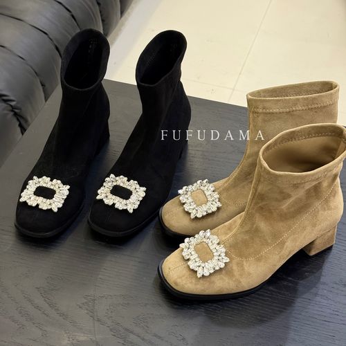 【胖福福大码女鞋】靴子女款方头粗跟水钻气质高跟瘦瘦靴主图