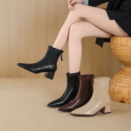 简约款气质尖头时尚后拉链粗跟显瘦短靴黑色秋冬瘦瘦靴靴子H996-3