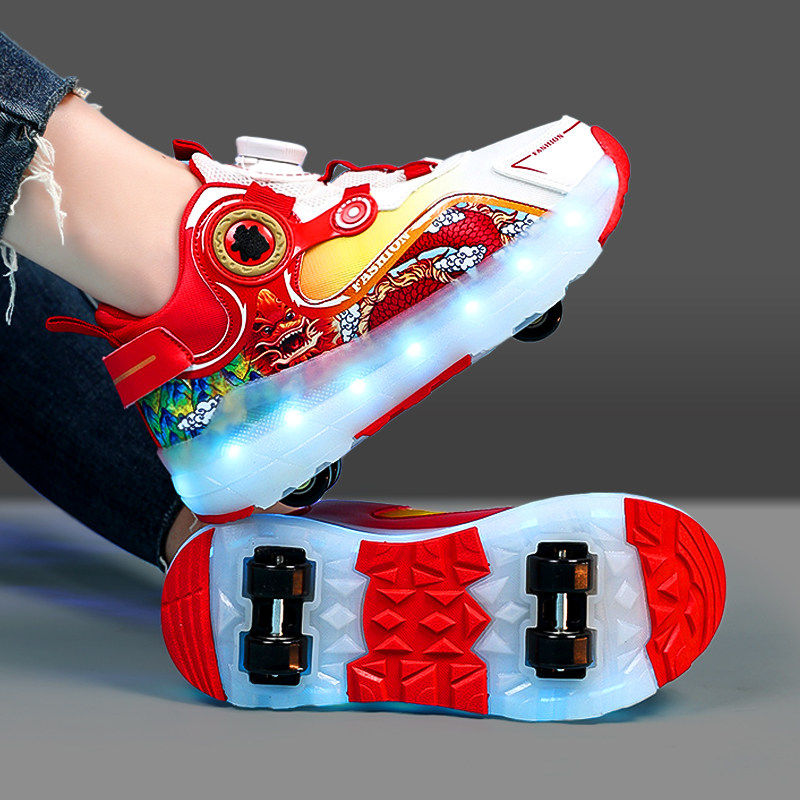 新年红色男童暴走鞋2026新款春季儿童四轮溜冰鞋小男孩闪灯轮滑鞋主图
